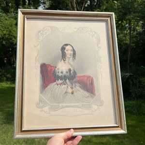VTG Hand-colored Lithograph Early 1800s Fashion Lady Portrait Framed Wall Art